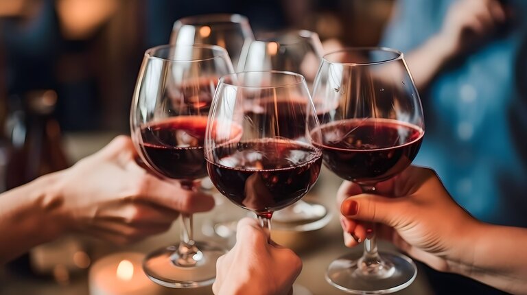 Nahaufnahme Rotwein und Prost beim Familienessen zur Feier