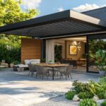 Dies ist eine moderne Außenterrasse mit einer Pergola. Es wird mit Lagerbestand erstellt.