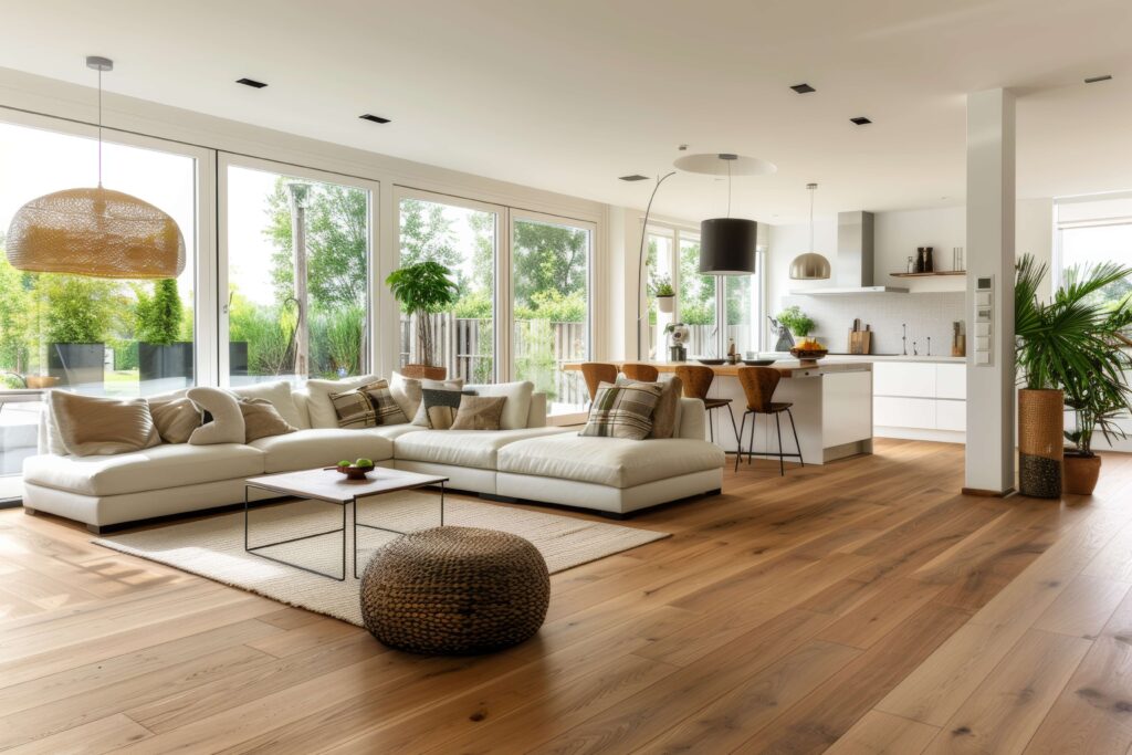Luxuriöses Wohnzimmerinterieur mit weißem Sofa und Holzboden.